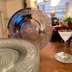 Vintage KIG Indonesia Pressed Glass Clear Plates 9” Diamond Dot Fleur De Lis